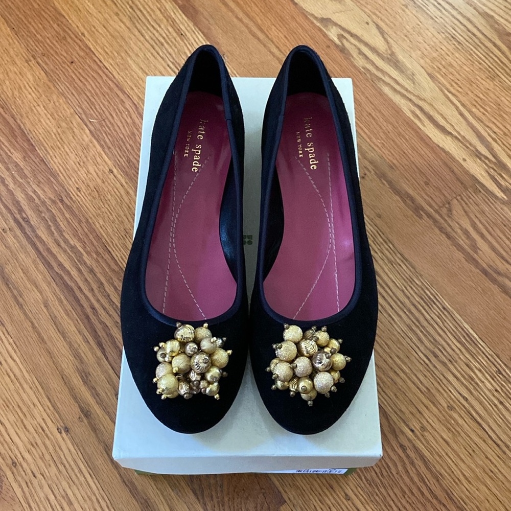 NWT Kate Spade New York Black Suede and Gold Bobbi flats size 8